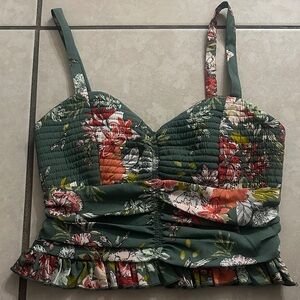BOG Collective Small Green Floral Smocked Ruched Ruffle Boho Cropped m Top Sz S